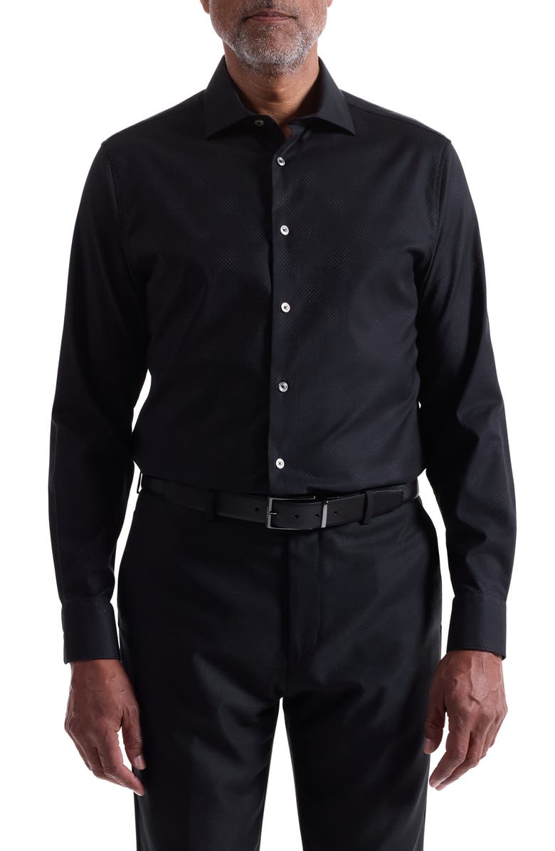 Bugatchi Axel Shaped Fit Jacquard Button-Up Shirt, Main, color, Black