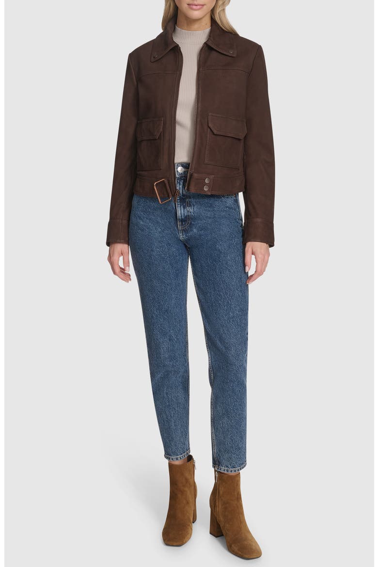 Luneta Suede Trucker Jacket, Alternate, color, CHOCOLATE