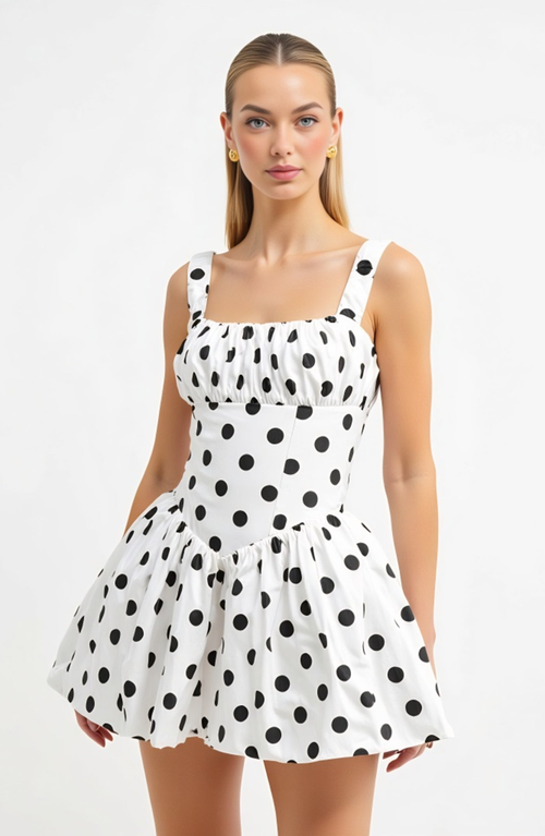 Modenaire Polka Dot Gathered Bust Flared Corset Bodice Mini Dress In White