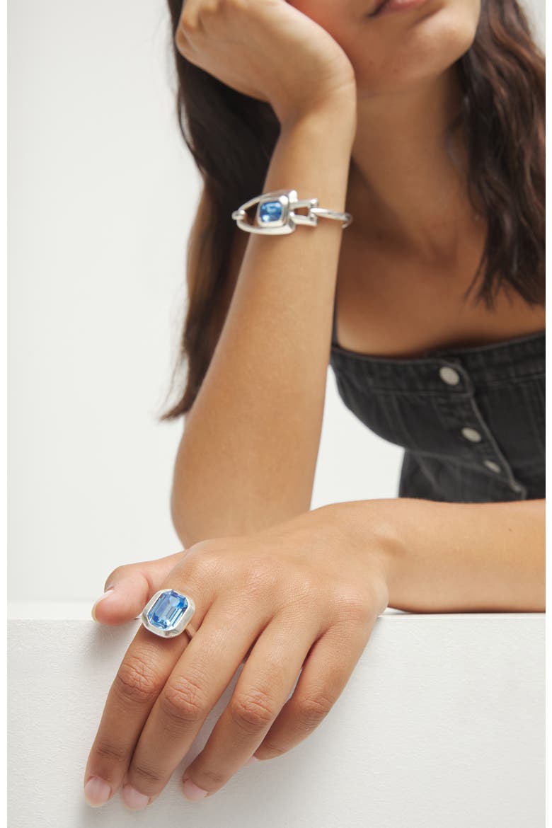 Silver-tone Ring with Emerald-Cut Blue Crystal, Alternate, color, Silver
