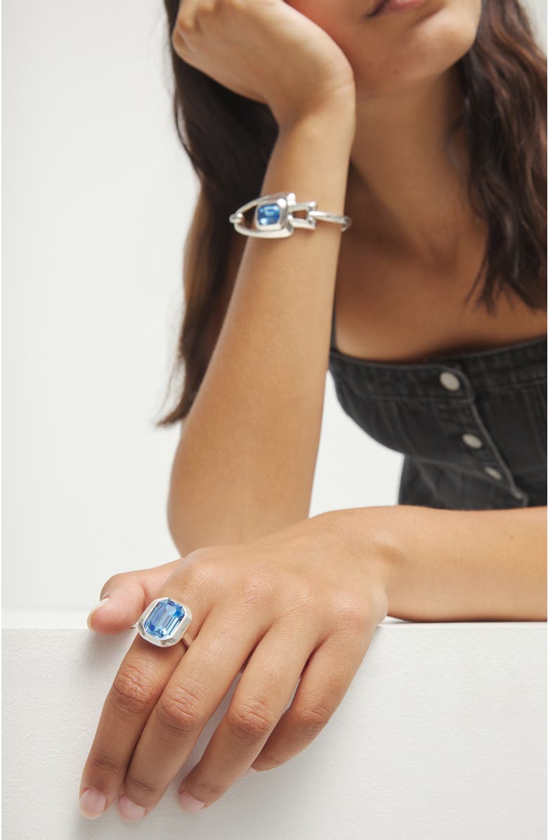 UNODE50 Silver-tone Ring with Emerald-Cut Blue Crystal, Alternate, color, Silver