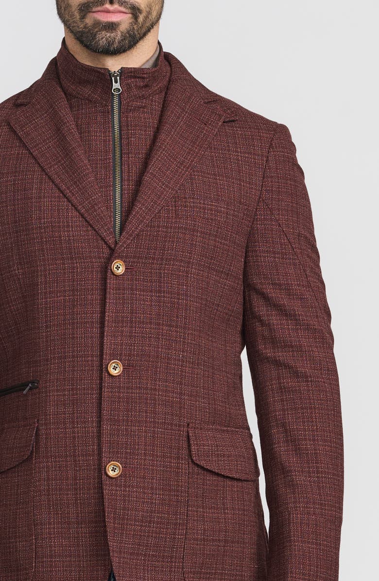 FLYNT Burgundy Plaid Stretch Wool Hybrid Sport Coat with Removable Bib, Alternate, color, Burgundy