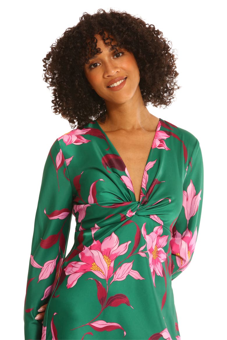 Floral Twisted Empire Waist Midi Dress, Alternate, color, EMERALD GREEN/ PINK BLOSSOM