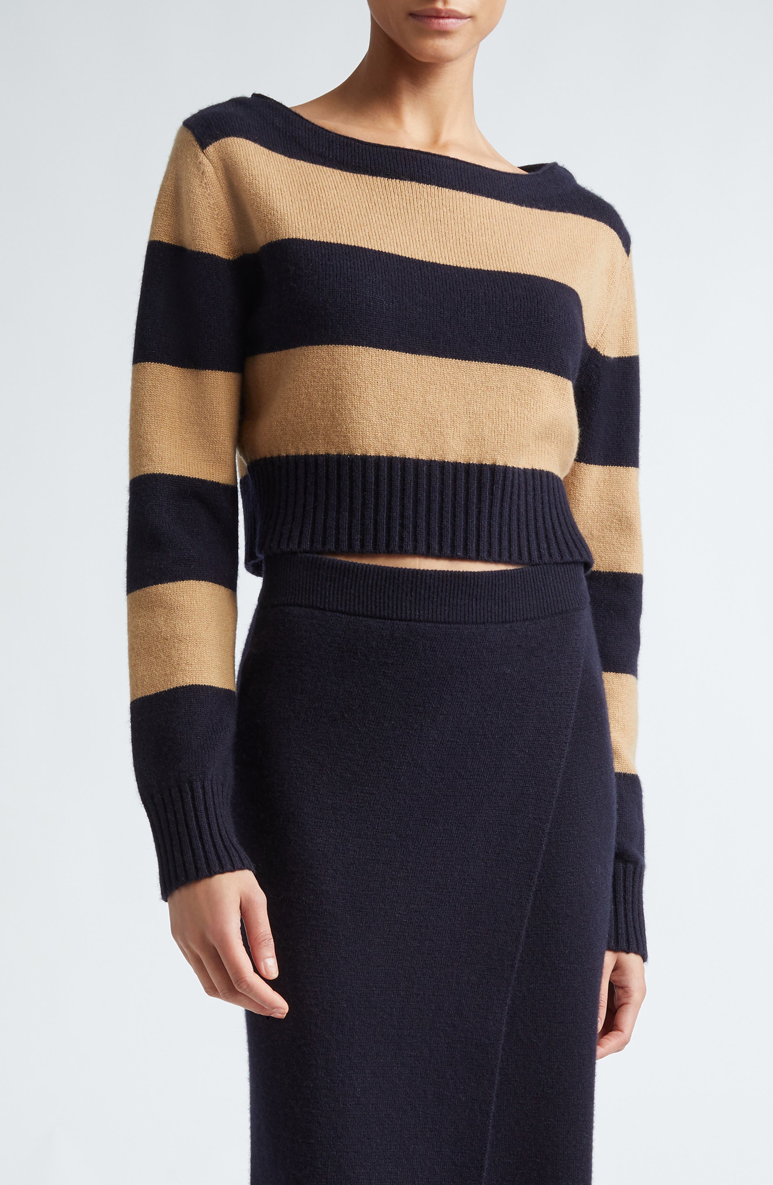 Angri Stripe Cashmere Crop Boatneck Sweater