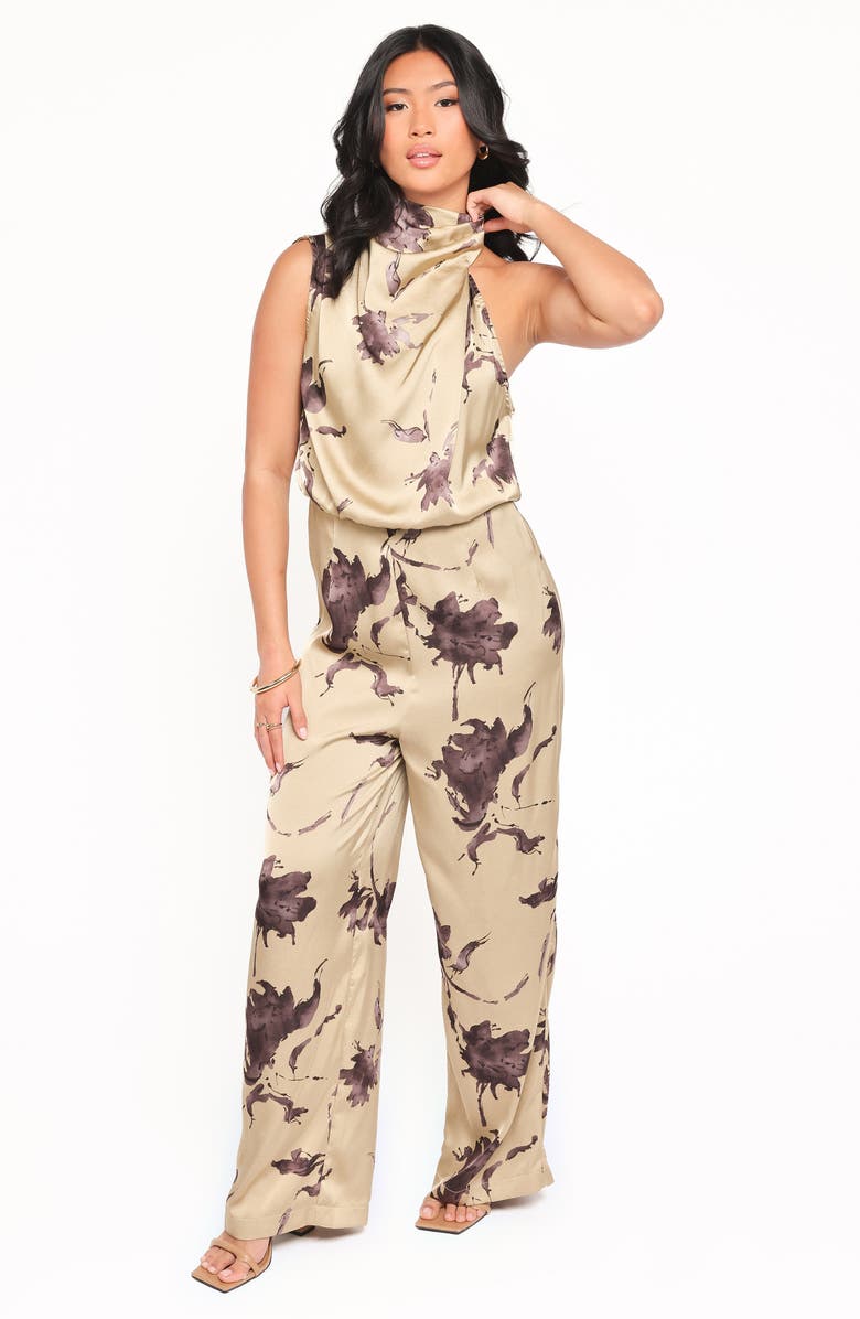 Petal & Pup Savannah Floral One-Shoulder Satin Jumpsuit, Alternate, color, Gold Floral