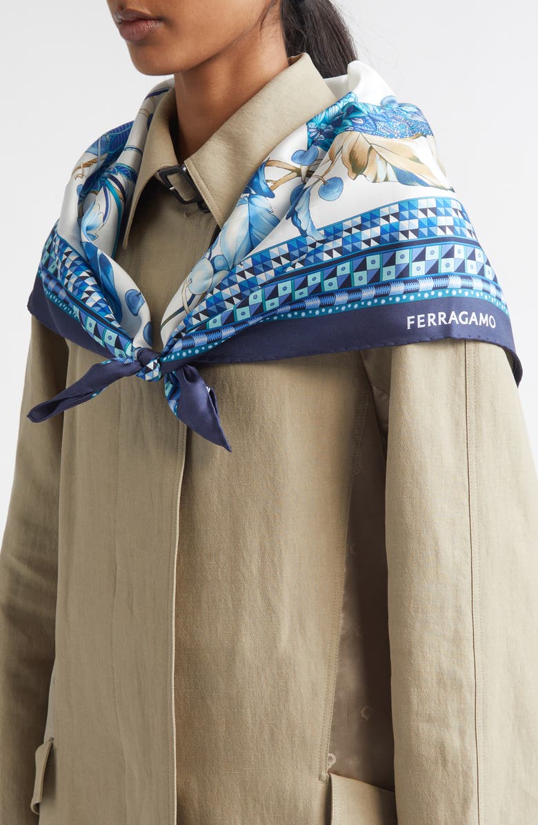 FERRAGAMO Animals Print Silk Square Scarf, Alternate, color, Avorio/Navy/Turchesi