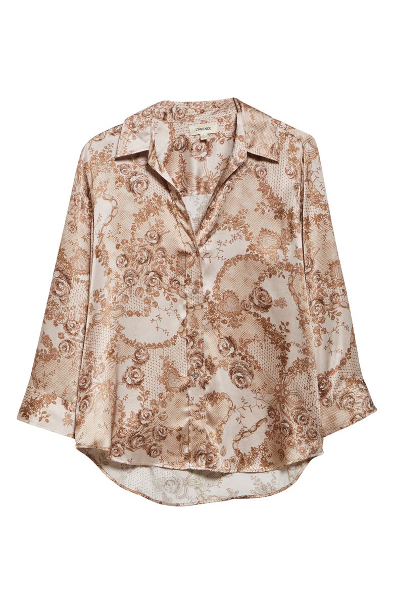 L'AGENCE Dani Lace Print Three-Quarter Sleeve Silk Button-Up Shirt, Alternate, color, Toasted Almond Lace Print