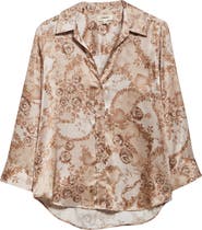 L'AGENCE Dani Lace Print Three-Quarter Sleeve Silk Button-Up Shirt