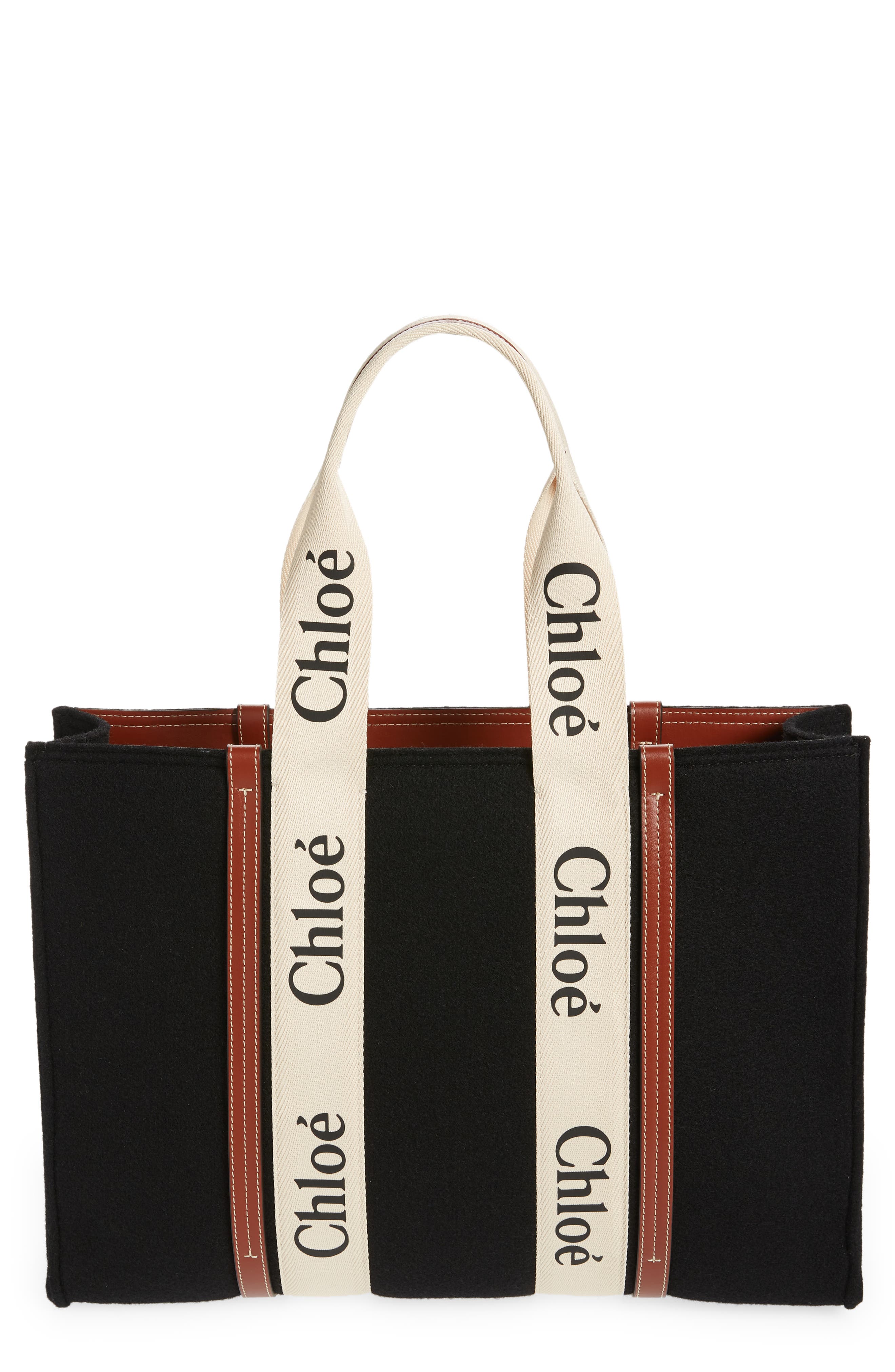 Chloé Large Woody Logo Strap Stripe Recycled Wool Tote, Main, color, 