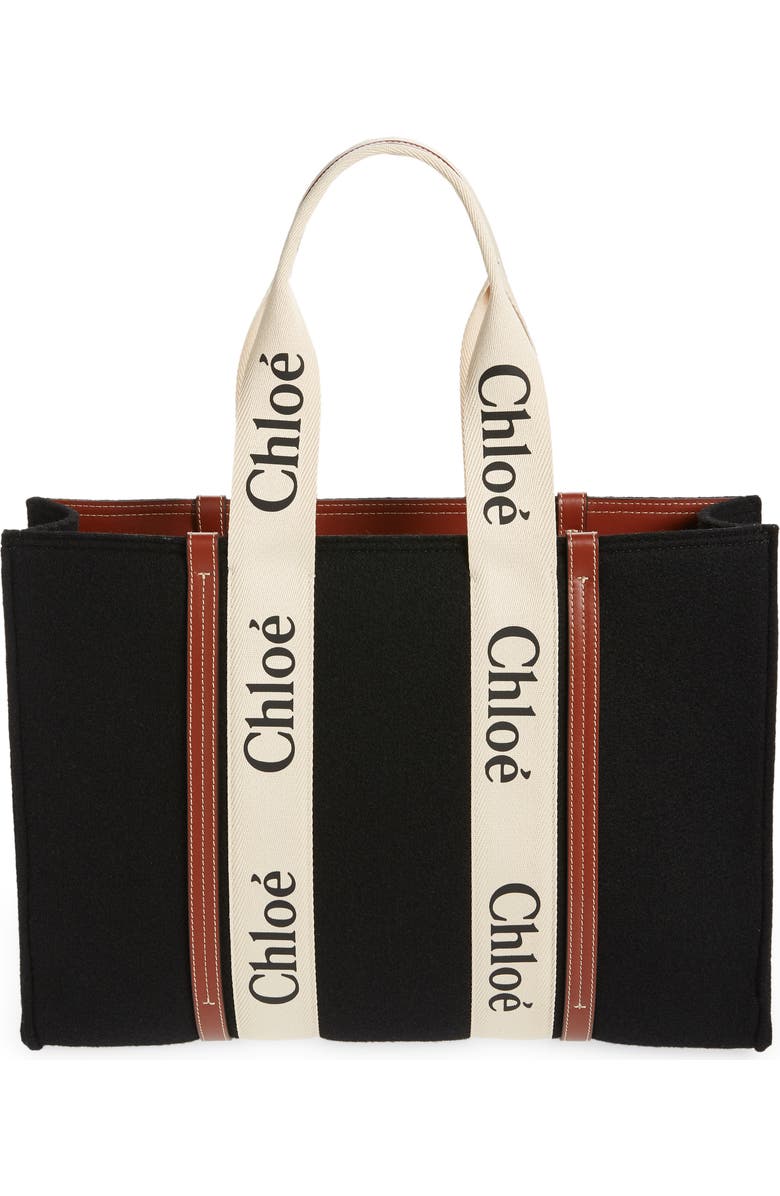 Chloé Large Woody Logo Strap Stripe Recycled Wool Tote, Main, color,