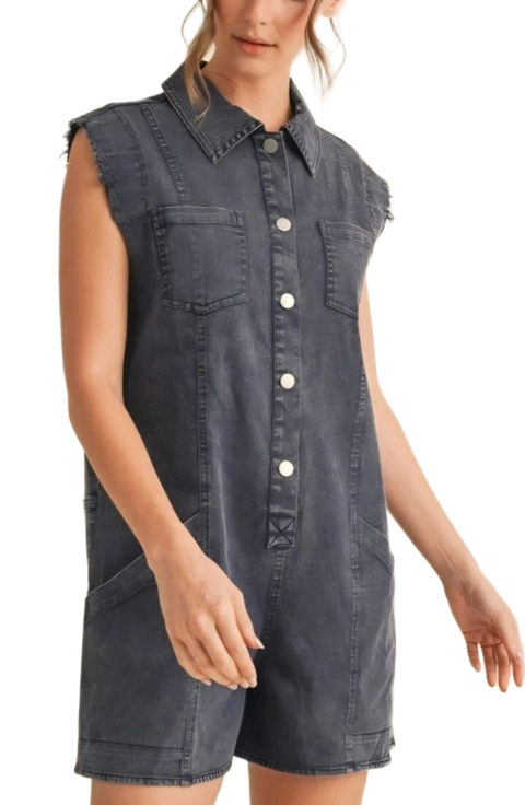 Sleeveless Pocket Detail Snap Button Denim Romper