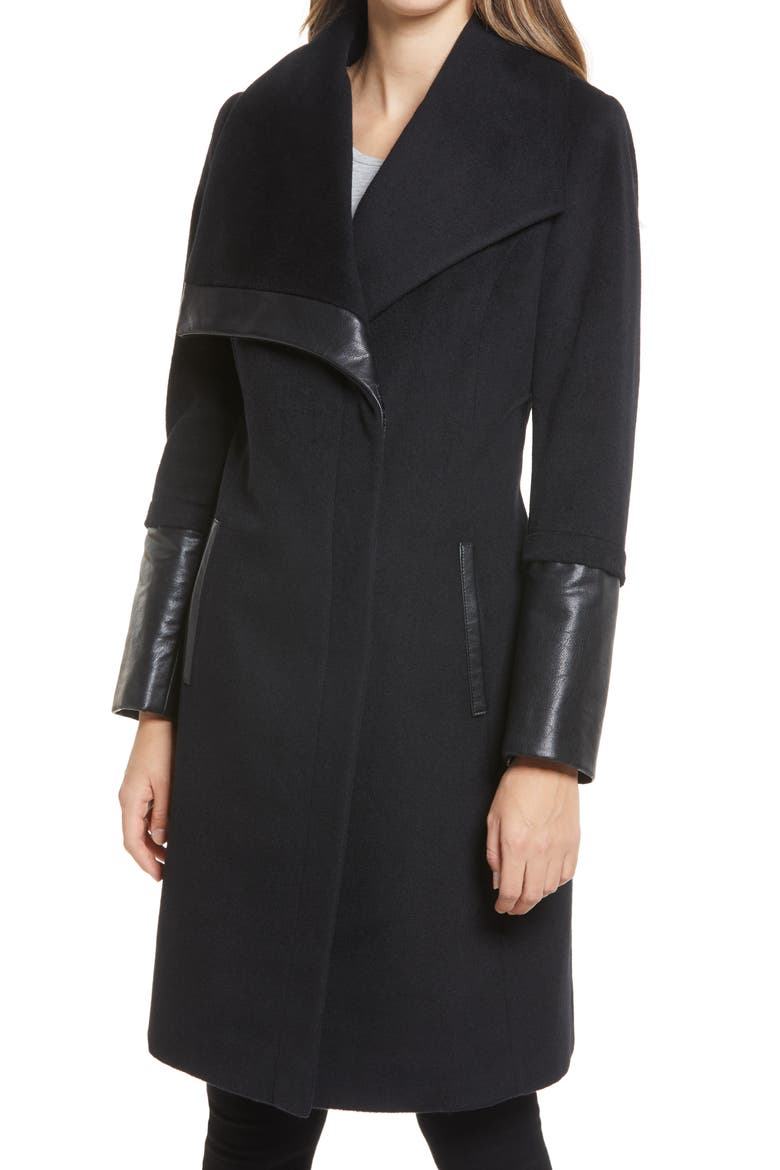 Wool and Faux Leather Coat, Alternate, color, BLACK