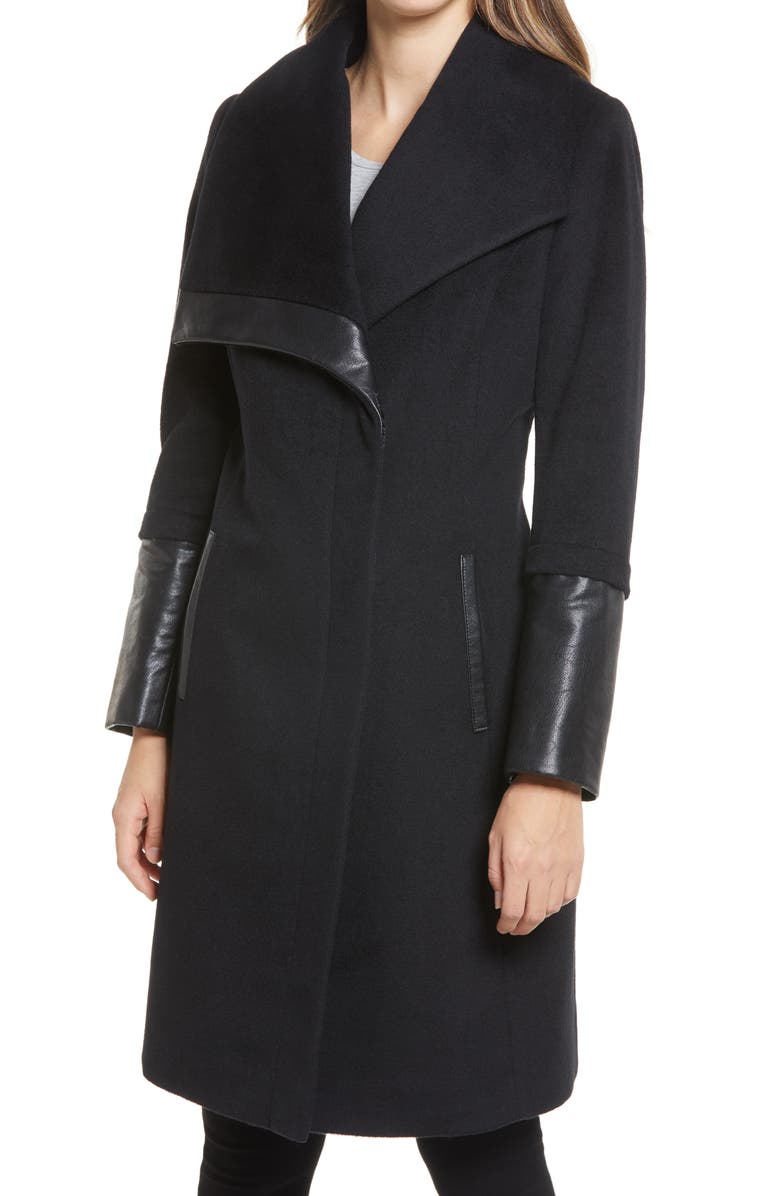 Via Spiga Wool and Faux Leather Coat, Alternate, color, 
