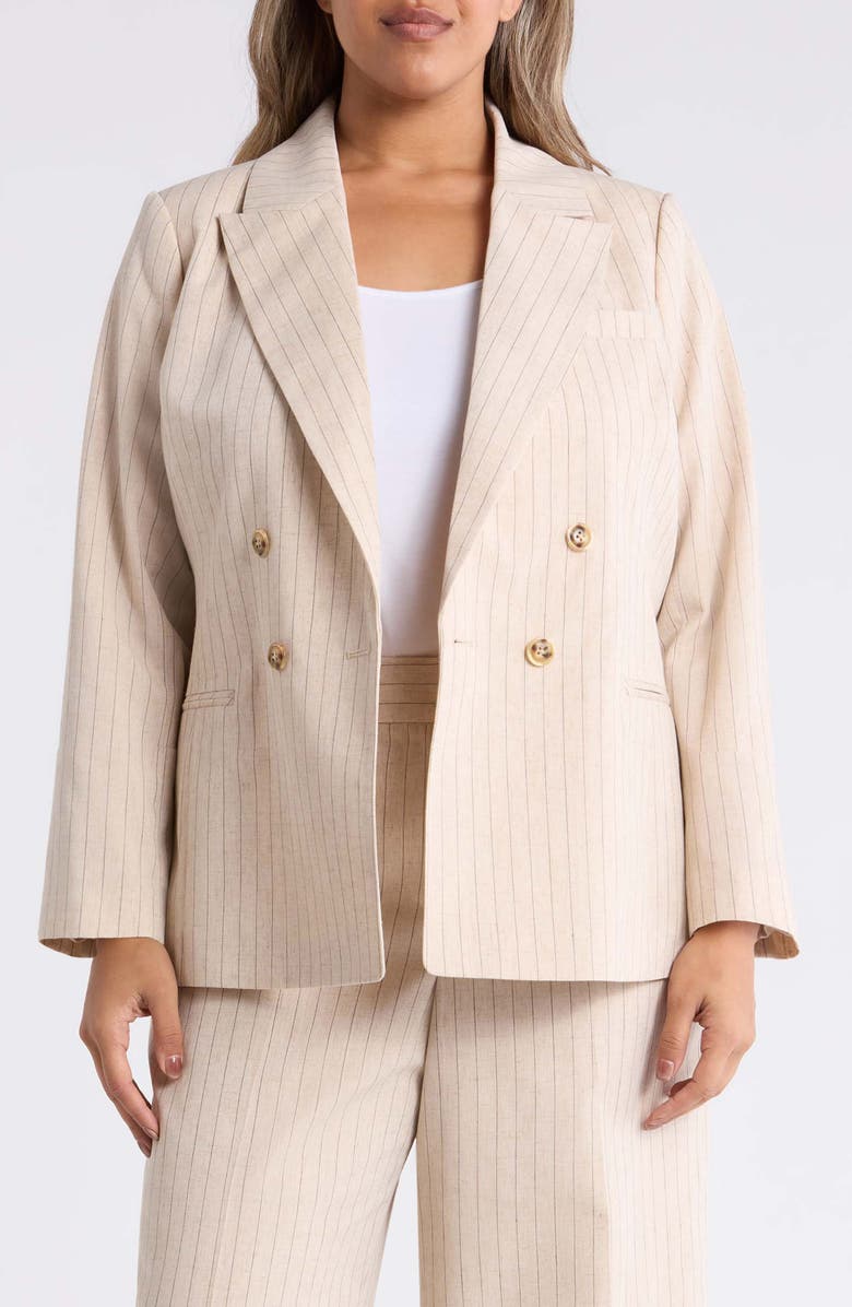 Tahari ASL Pinstripe Double Breasted Blazer, Main, color, Dune Espresso