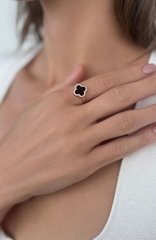Adornia Rose Gold Cubic Zirconia Black Halo Clover Ring In Pink