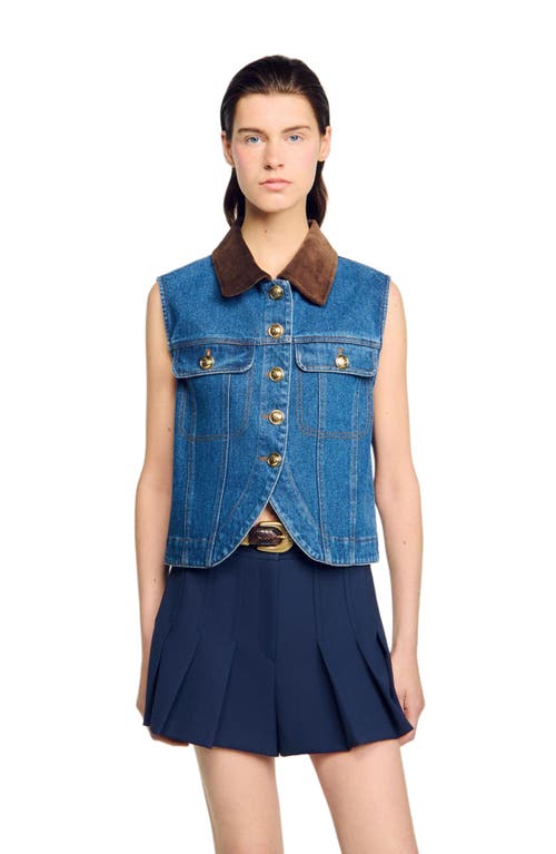 Sandro Womens Blue Jean Contrast-collar Button-down Sleeveless Denim Jacket In Blue