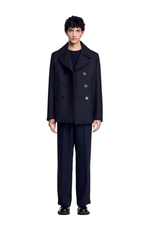 Sandro Wool Blend Pea Jacket In Navy Blue