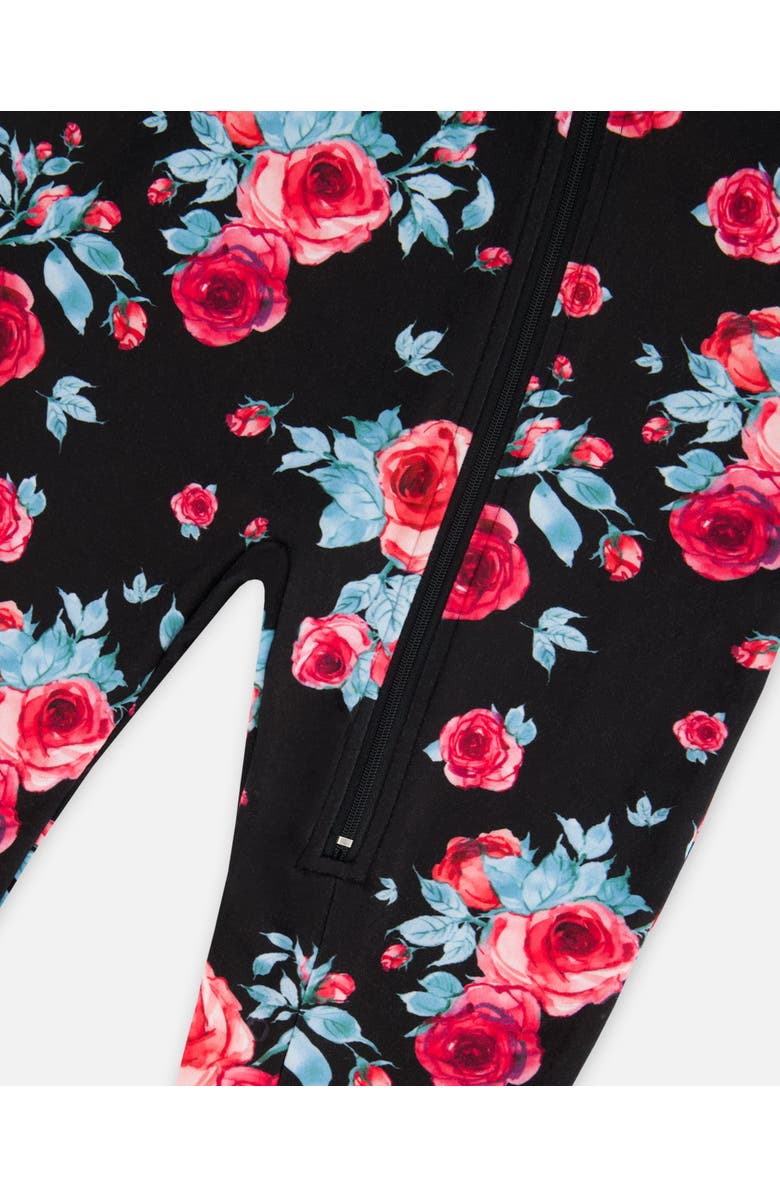 Deux par Deux Little Girl's One Piece Thermal Underwear Black Printed Roses, Alternate, color, Printed Roses