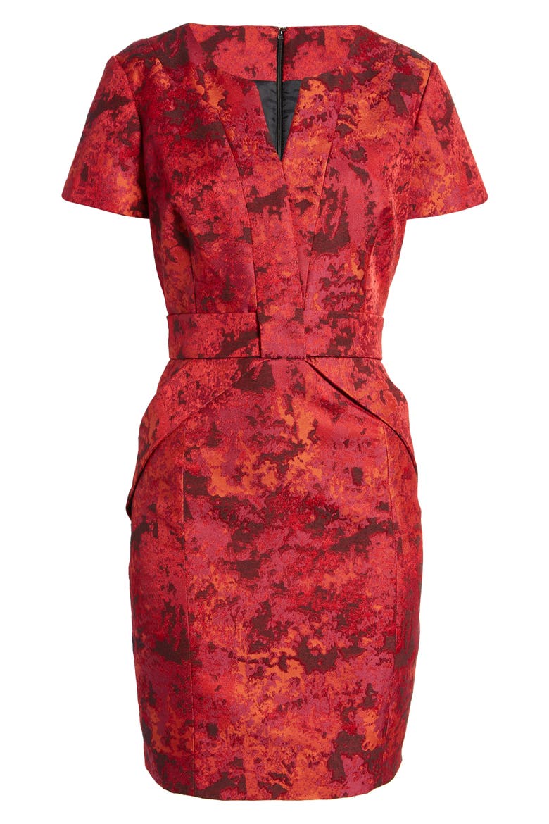 Jacquard Bow Sheath Cocktail Dress, Alternate, color, RED