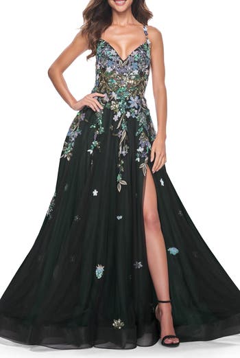 Gorgeous Sequin Floral Lace Applique A-Line Tulle Prom Dress