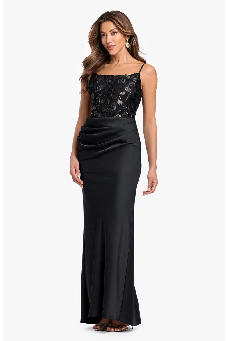 Burnout Corset Satin Gown, Alternate, color, BLACK/ GOLD