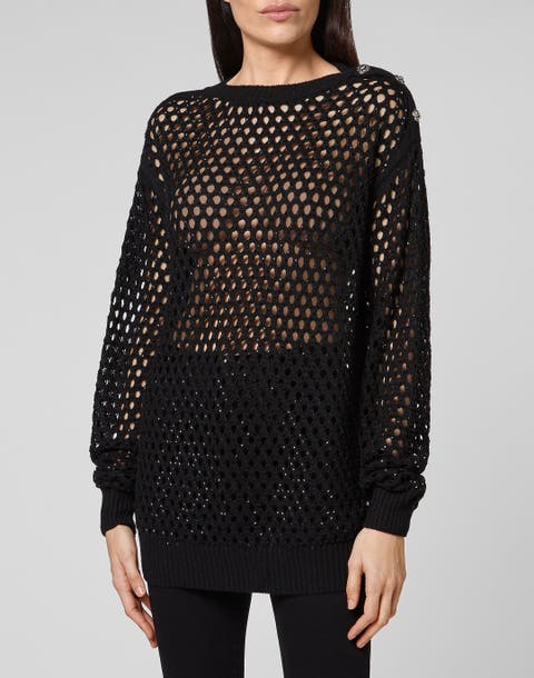Cashmere 5 Pullover Round Neck Ls Fishnet Crystal Women