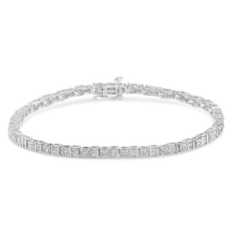 Silver 1.0 Cttw Diamond Round and Square Station Tennis Bracelet