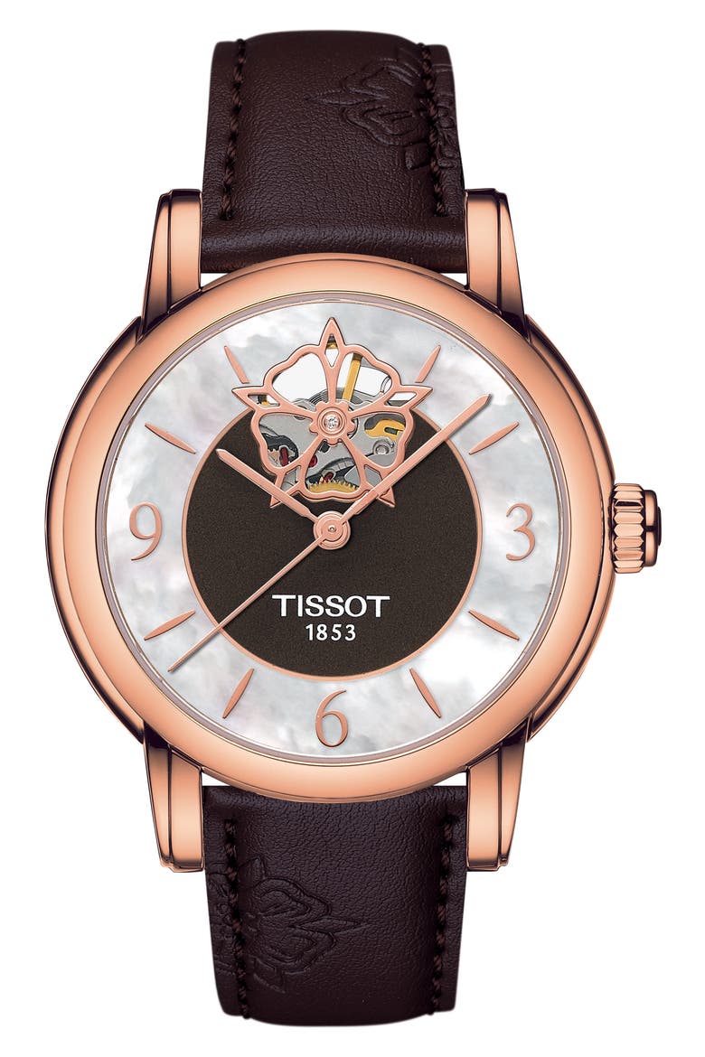 Lady Heart Leather Strap Watch, 35mm, Main, color, BROWN/ MOTHER OF PEARL