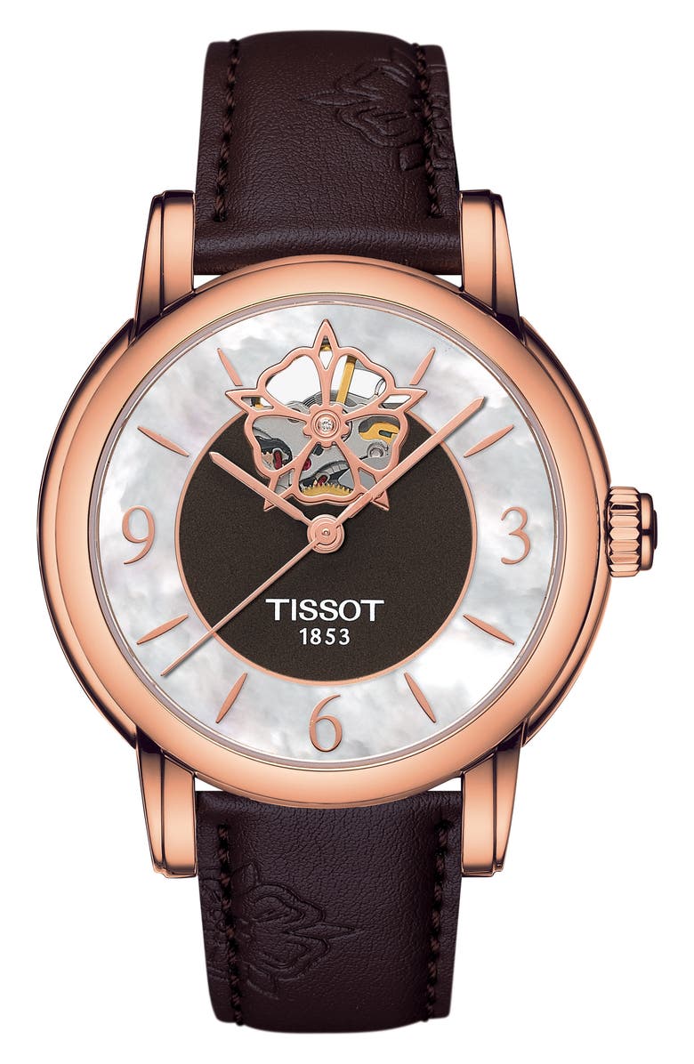 Tissot Lady Heart Leather Strap Watch, 35mm, Main, color, Brown/ Mother Of Pearl