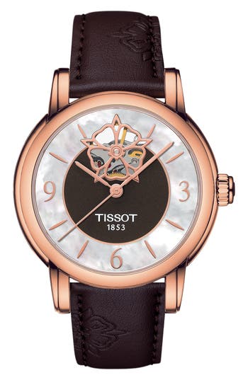 Tissot Lady Heart Leather Strap Watch, 35mm In Brown/mother Of Pearl