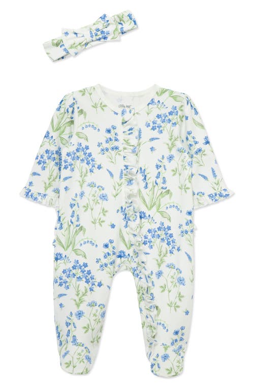 Shop Little Me Floral Cotton Footie & Headband Set In Blue