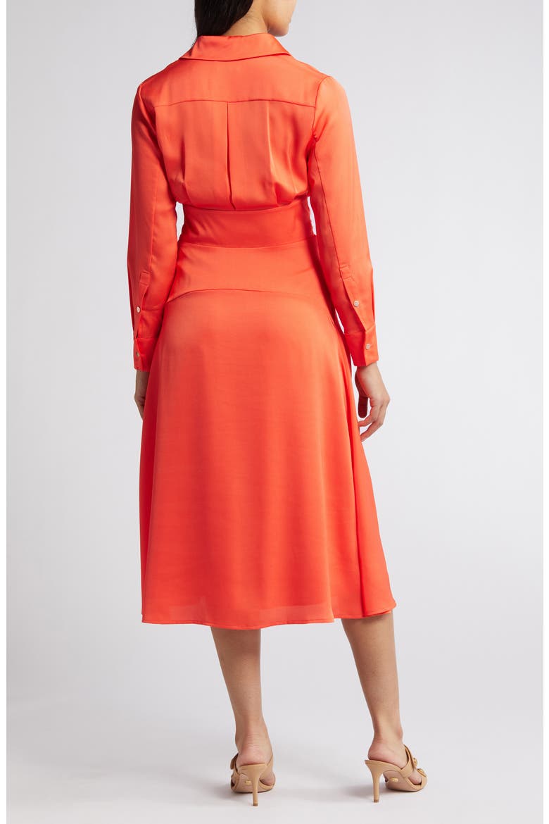 Wrap Front Long Sleeve Hammered Satin Midi Shirtdress, Alternate, color, MELON