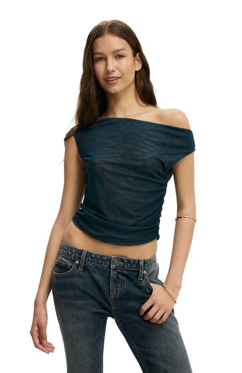 Women's Gathered Mesh Off Shoulder Top