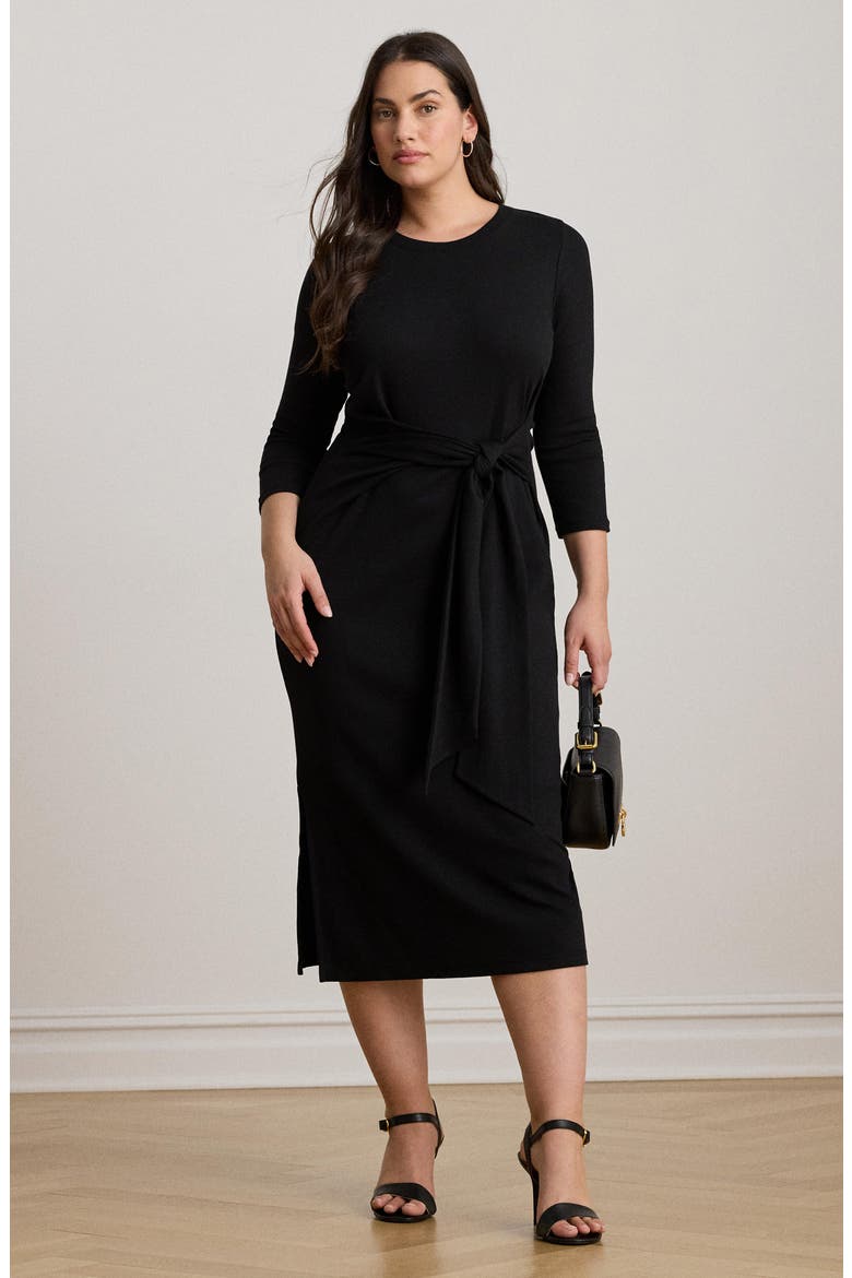 Tie Waist Rib Cotton Blend Midi Dress, Alternate, color, BLACK
