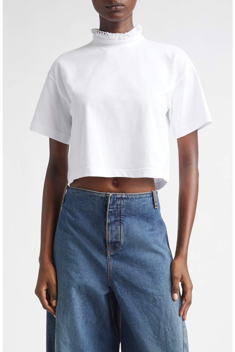 Ribbon Collar Crop T-Shirt, Main, color, BLANC