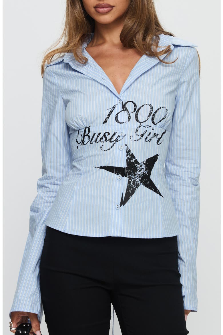 Busy Girl Stripe Cotton Button-Up Shirt, Main, color, BLUE STRIPE