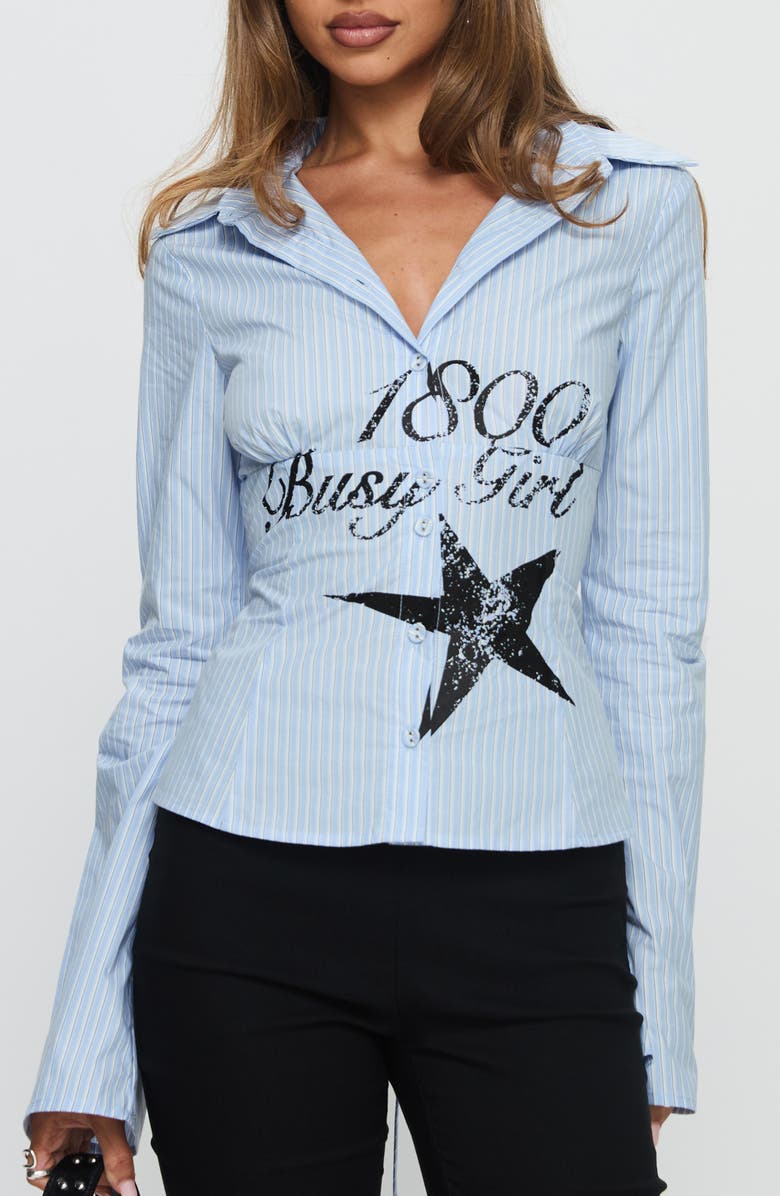 Princess Polly Busy Girl Stripe Cotton Button-Up Shirt, Main, color, Blue Stripe