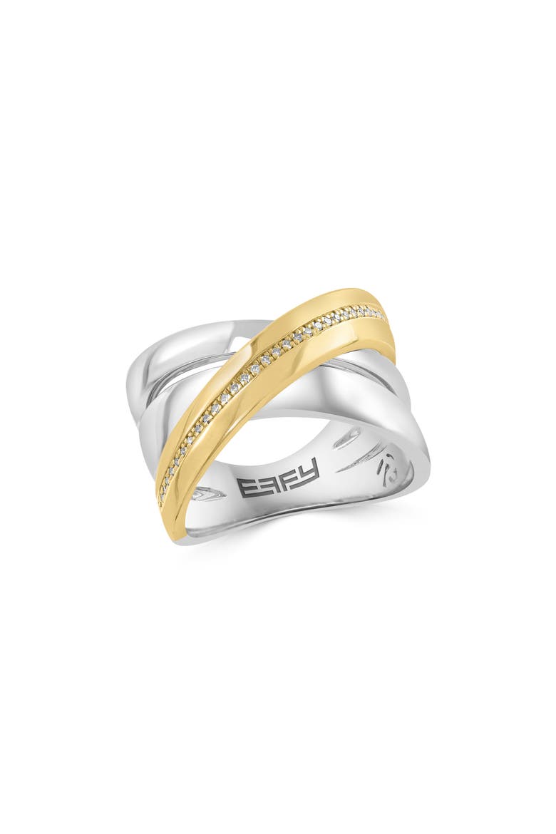 14K Gold Plated Sterling Silver Diamond Crisscrossing Band Ring, Main, color, WHITE