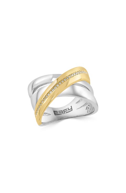 14K Gold Plated Sterling Silver Diamond Crisscrossing Band Ring