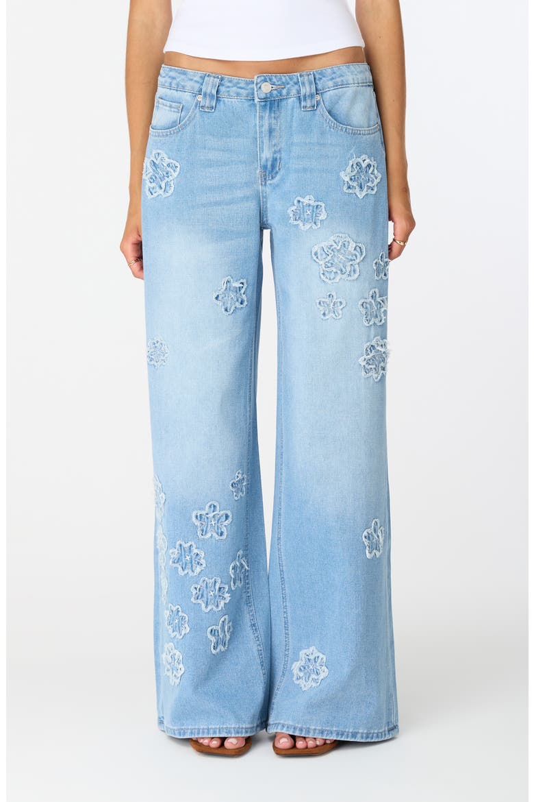 Maya Floral Appliqué Mid Rise Ultra Wide Leg Jeans, Main, color, VINTAGE WASH