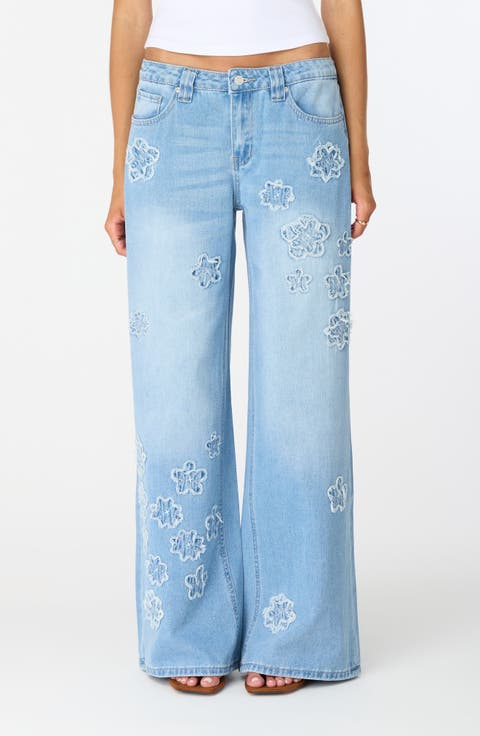 Maya Floral Appliqué Mid Rise Ultra Wide Leg Jeans