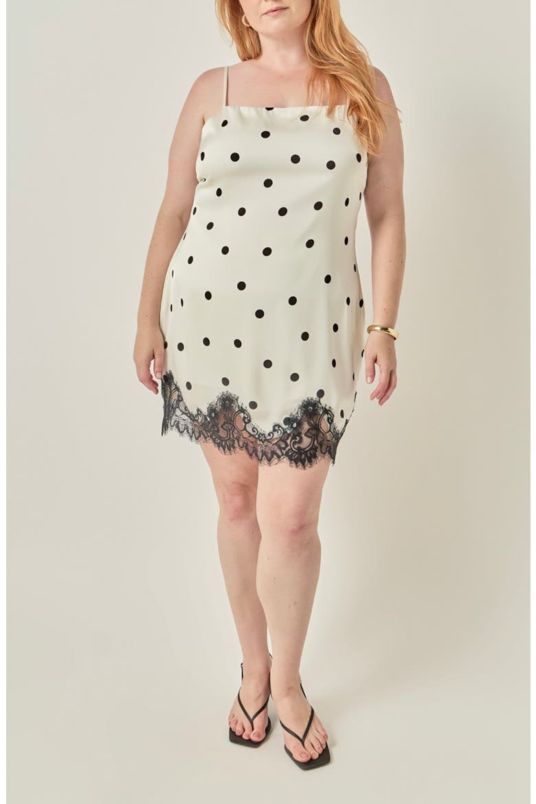 Polka Dot Lace Hem Slip Minidress, Main, color, CREAM/ BLACK