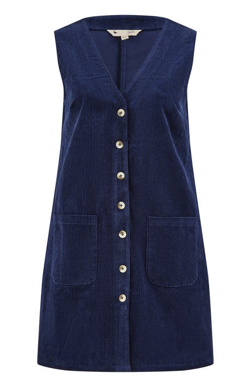 Yumi Cord Button Through Pinafore Dress In Blue