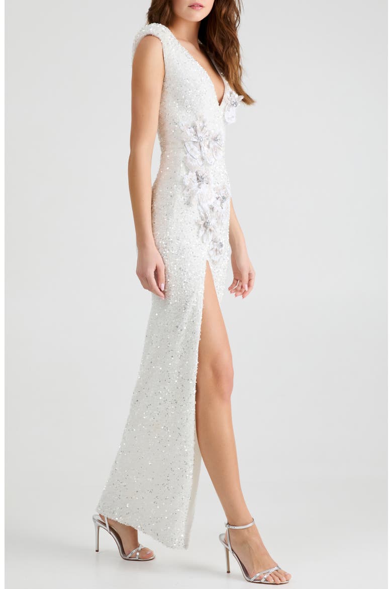 Gabriella Sequin Floral Appliqué Sleeveless Gown, Alternate, color, OFF WHITE