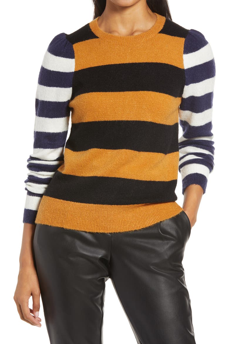 x Atlantic-Pacific Mix Stripe Puff Sleeve Sweater, Main, color, TAN SUGAR- BLACK MIX STRIPE