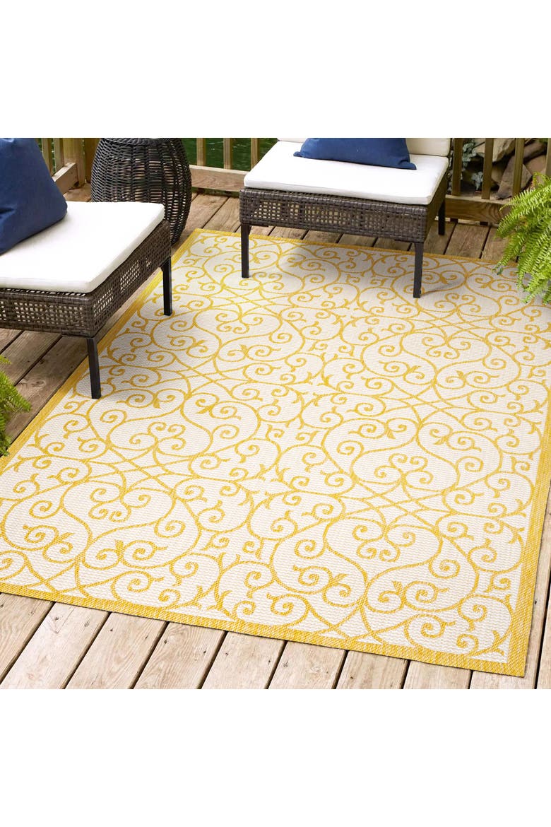 Madrid Vintage Filigree Textured Weave Indoor/Outdoor Area Rug, Alternate, color, Cream/Yellow