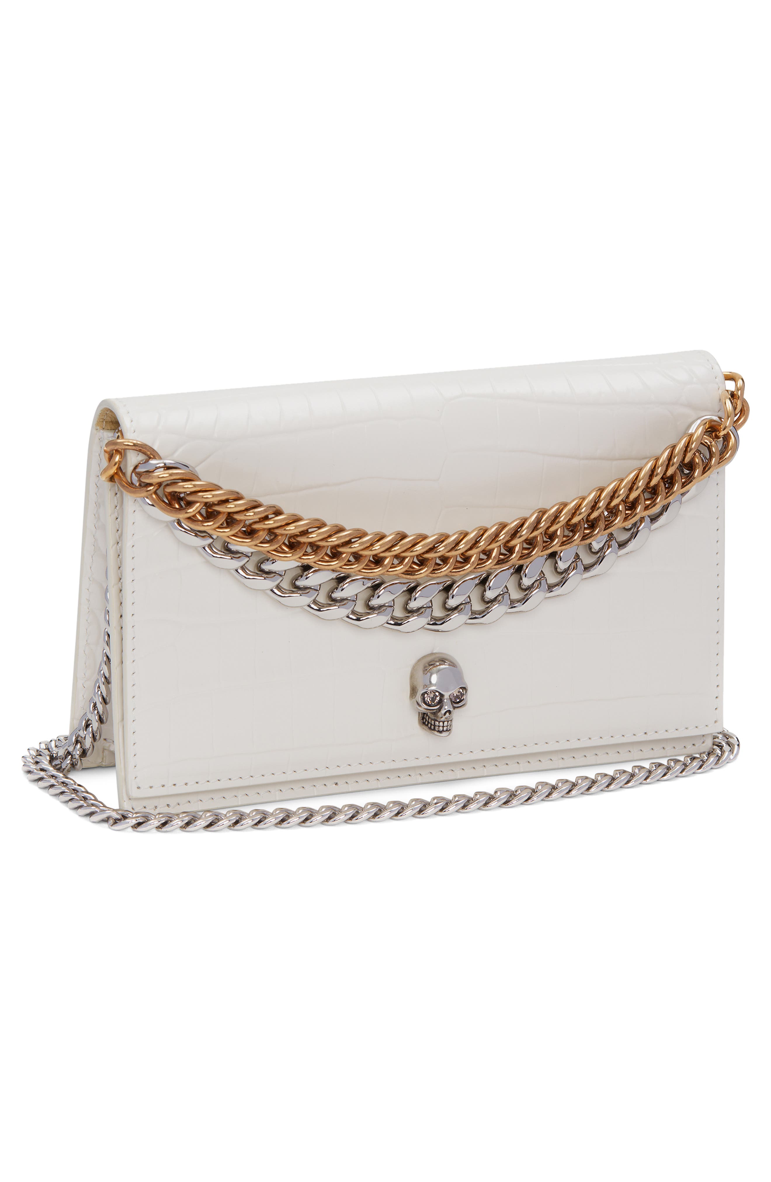 McQueen Small Skull Croc Embossed Leather Shoulder Bag, Alternate, color, 