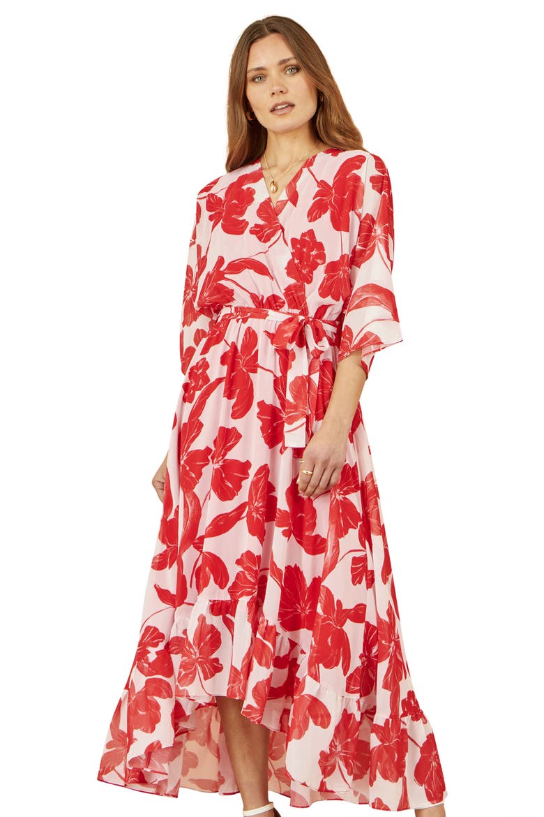 Midi Dip Hem Wrap Dress, Alternate, color, Red