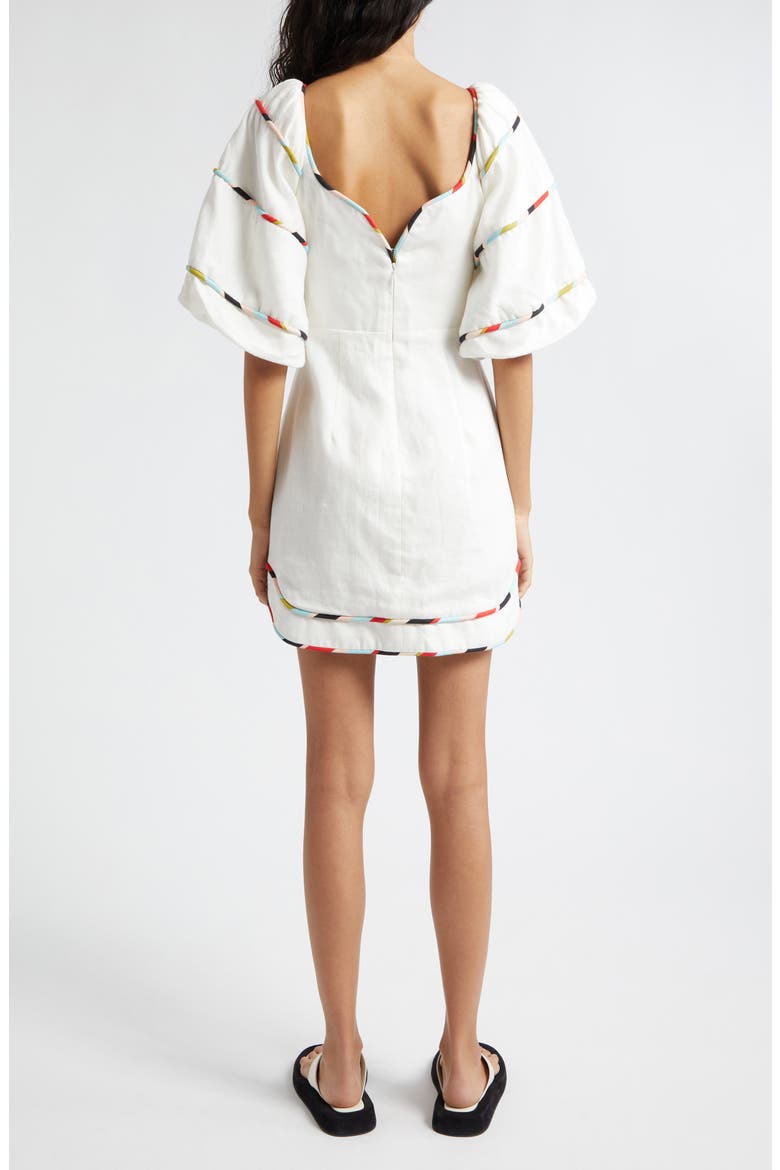 Stripe Trim Puff Sleeve Linen Minidress, Alternate, color, WHITE