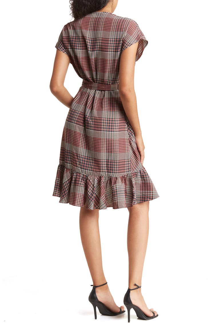Short Sleeve Wrap Around Plaid Dress, Alternate, color, RED BEAN